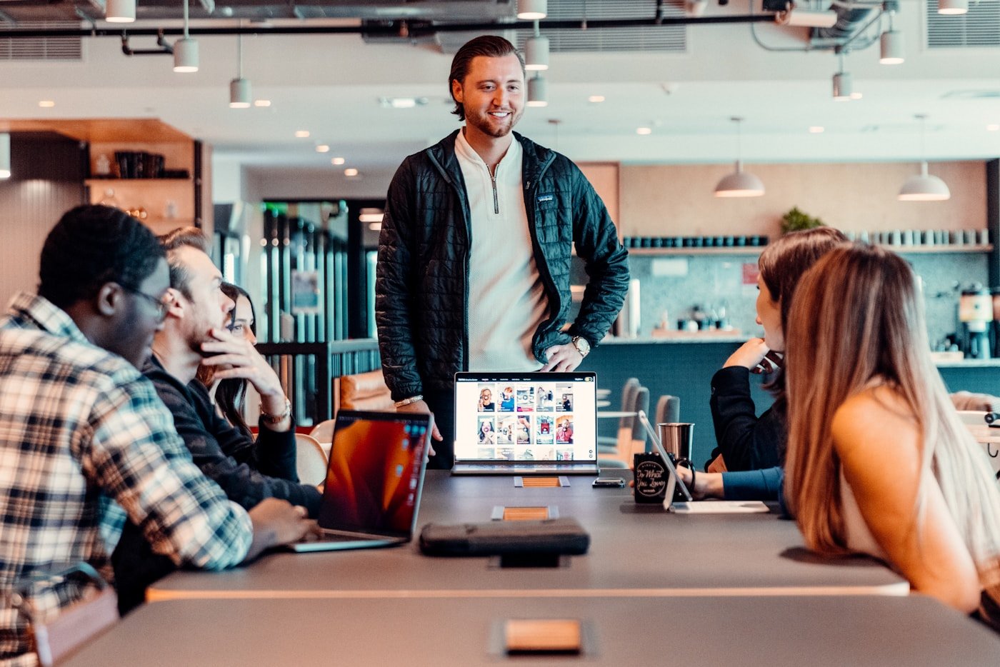 A collaborative business discussion in a modern workspace